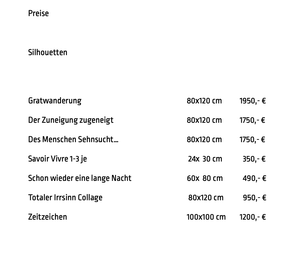 Preisliste Silhouetten und mehr