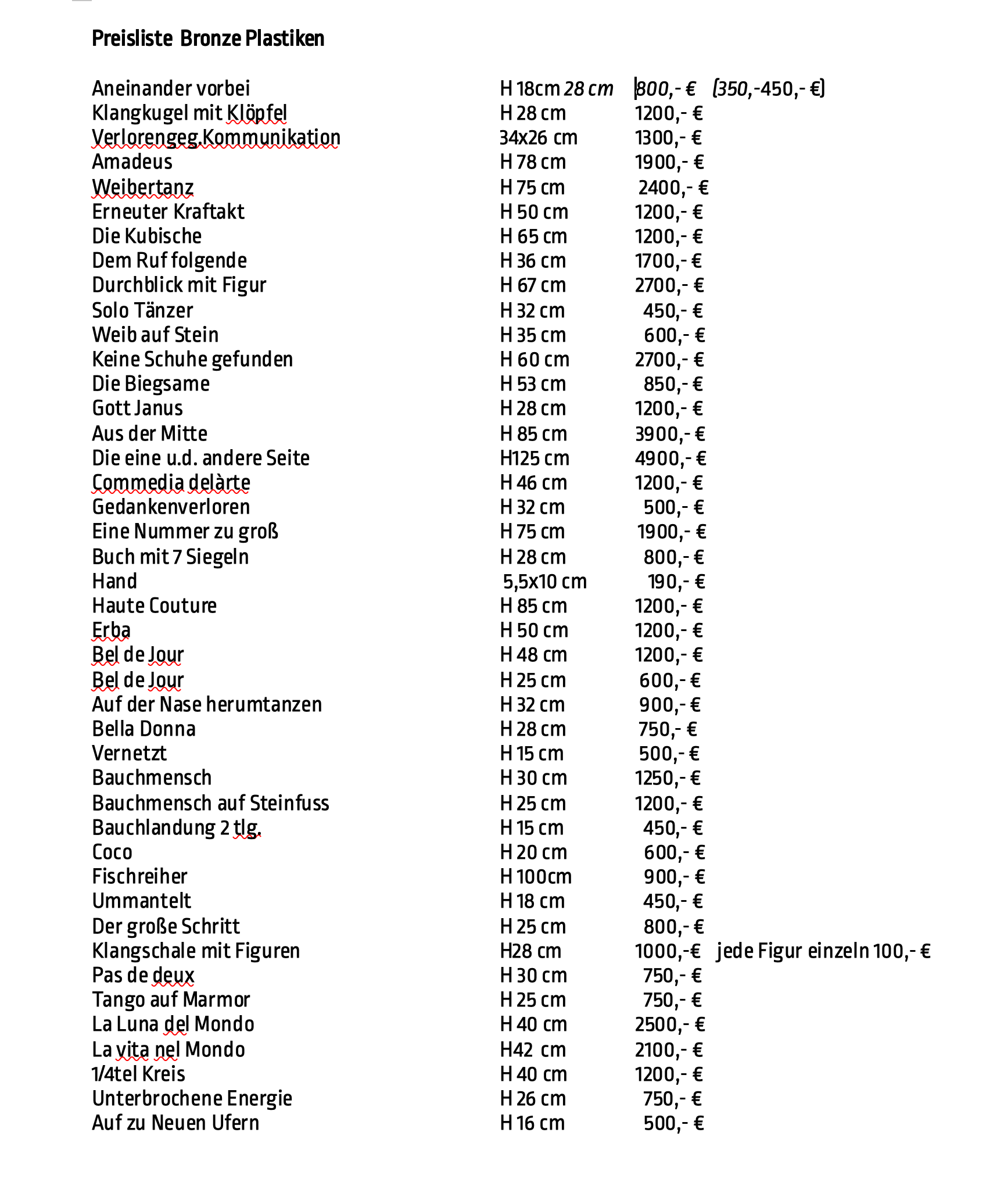 Preisliste Bronzen